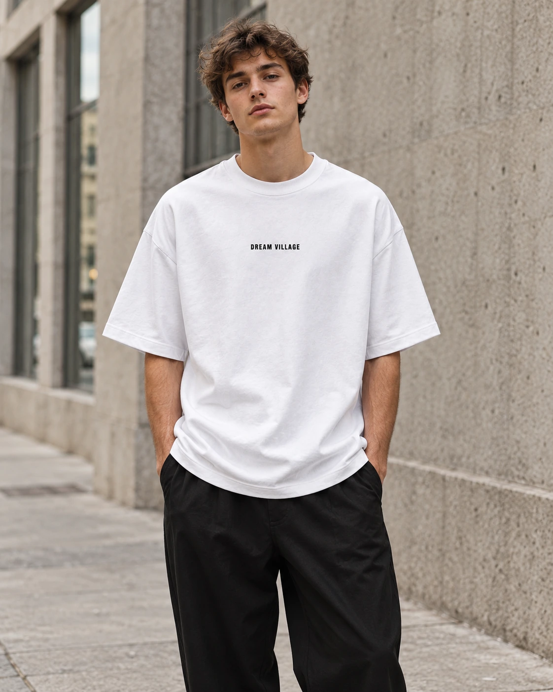 Man wearing the white Dream Village T-shirt with small black text on the chest