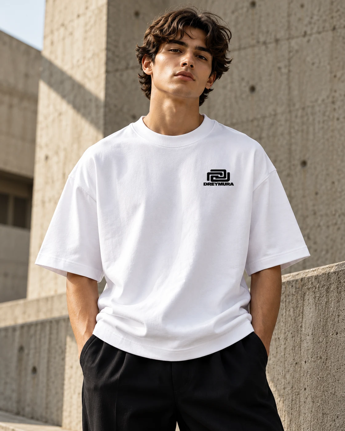 White oversized DREYMURA T-shirt with black symbol and wordmark on the left chest